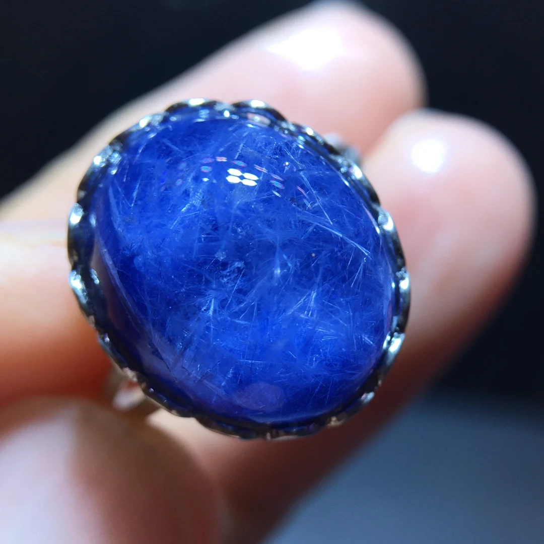 

Natural Blue Rutilated Dumortierite Quartz Adjustable Ring 14.7/12mm Woman Men Ring Jewelry AAAAAAA