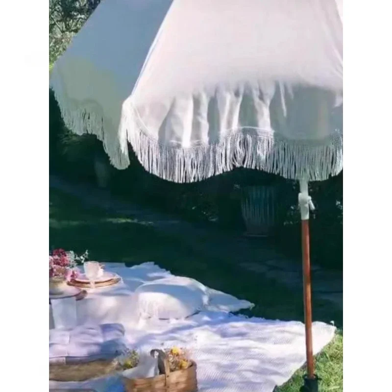 

-Outdoor Sunshade Umbrella, Outdoor Garden, Cotton Tassel, Lace, Leisure Sunscreen, Courtyard Umbrella