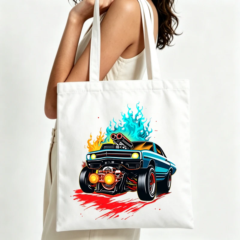 racing car graphic canvas tote bag with flame design, perfect for casual shopping and daily use