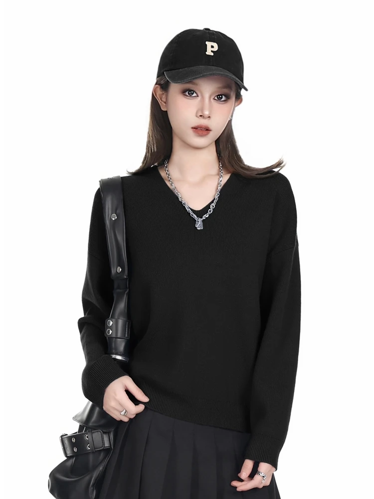 

Loose V-Ne Sweater Layering Top Lazy Sle Inner Wear Bla Versatile Simple Design Spring Autumn Winter Women's Faion