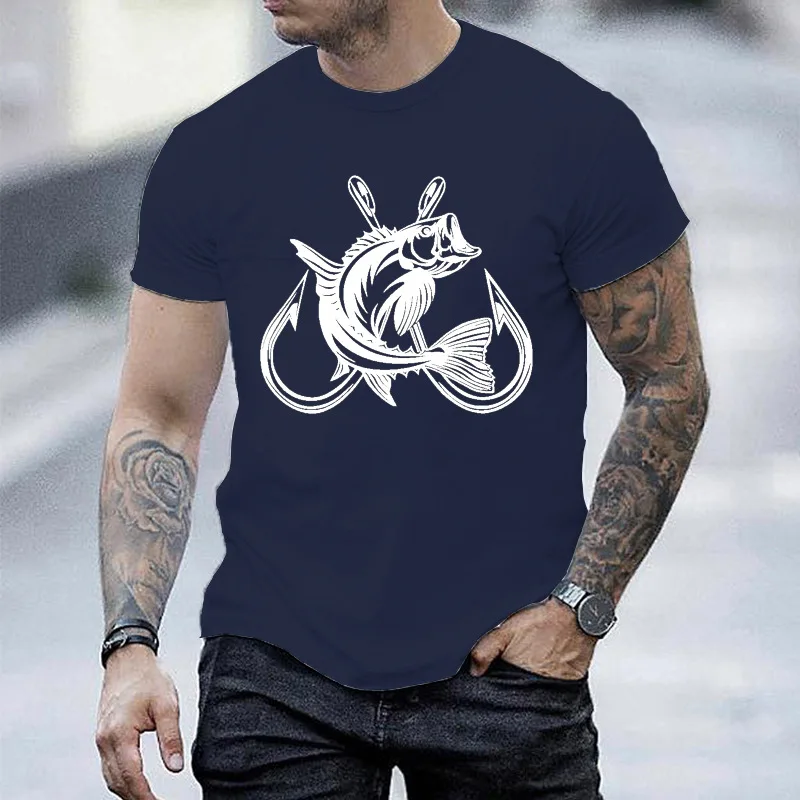 Fishing Fish Hooks Graphic Tee Men Outdoor Angler Print T-Shirt O Neck Short Sleeve Casual Loose Streetwear Fisherman Daily Tops