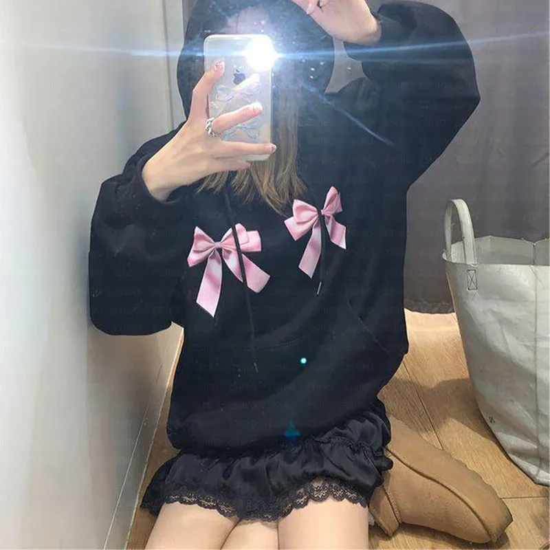 Y2k Emo Women Streetwear Hoodie bowknot Black Hoodies Grunge Oversized Sweatshirt Gothic Harajuku Alt Jackets pullover Clothes