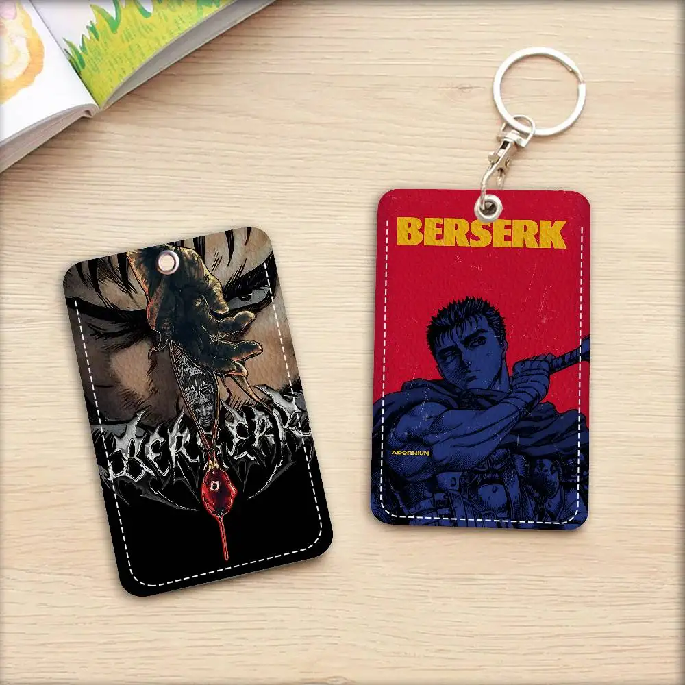 Anime BerserkS Rectangle ID Card Case Keychain Access Card Bag Key Tag Ring Leather Card Holder Key Ring Access