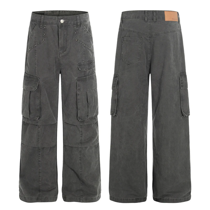 

American Retro Washed Distressed Men's Overalls Solid Multi-pocket Design Causal Straight-leg Pants 2026 Spring New