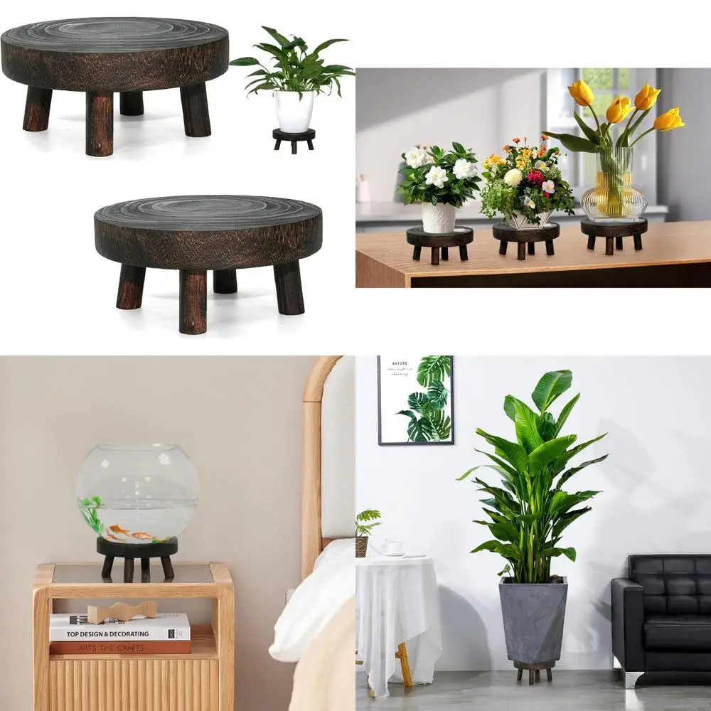 

2pcs small wooden stools for plants, wood stool plant stand, 8inch solid wood garden plant pot riser, mini round flower display