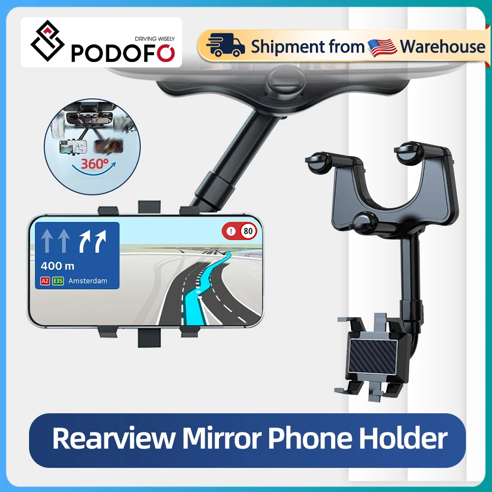 Podofo Rearview Mirror Phone Holder for Car Mount Phone and GPS Holder Universal Rotating Adjustable Telescopic Car Phone Holder