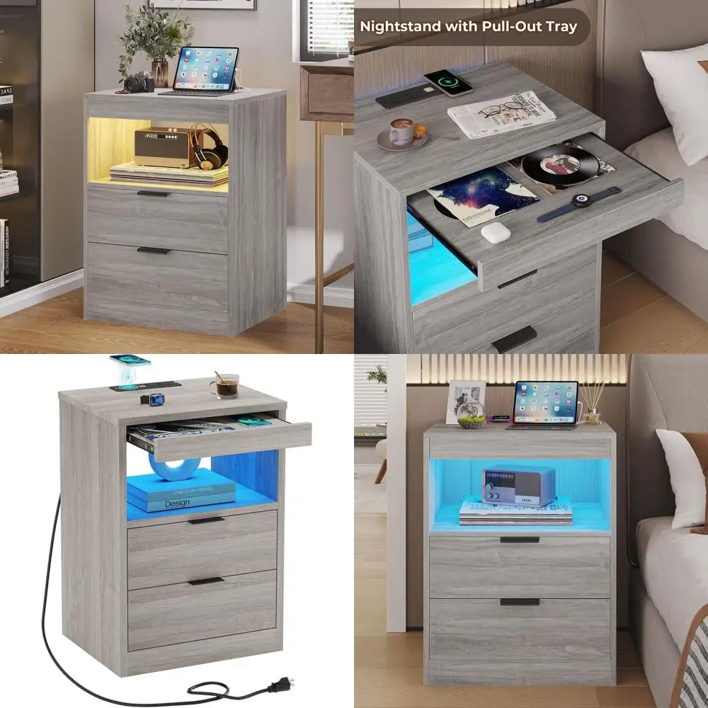 

Серая тумбочка с 2 ящиками, беспроводной зарядкой и светодиодной подсветкой, современный приставной столик для спальни с выдвижной полкой и открытым хранилищем