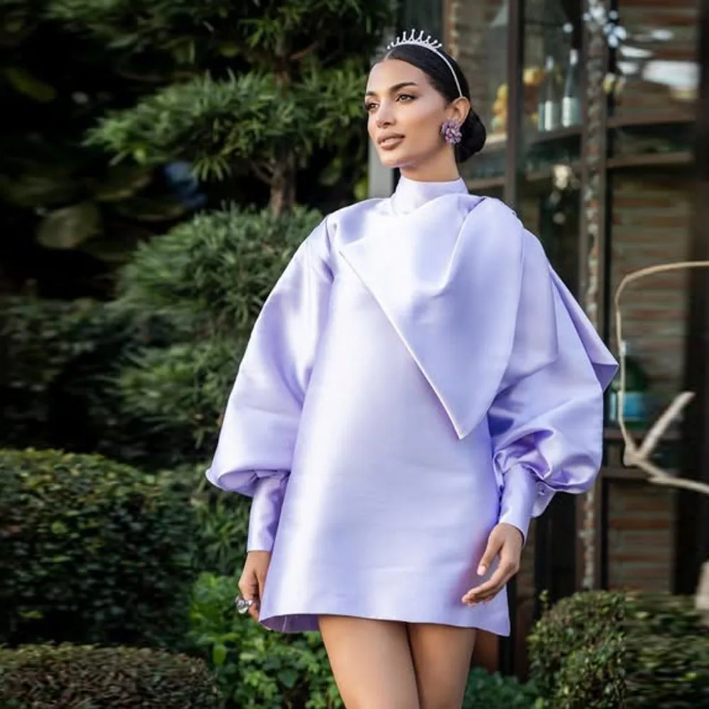 

Elegant Lavender Satin Short Women Dresses High Collar Puff Sleeves A-line Mini Dress With Big Bow