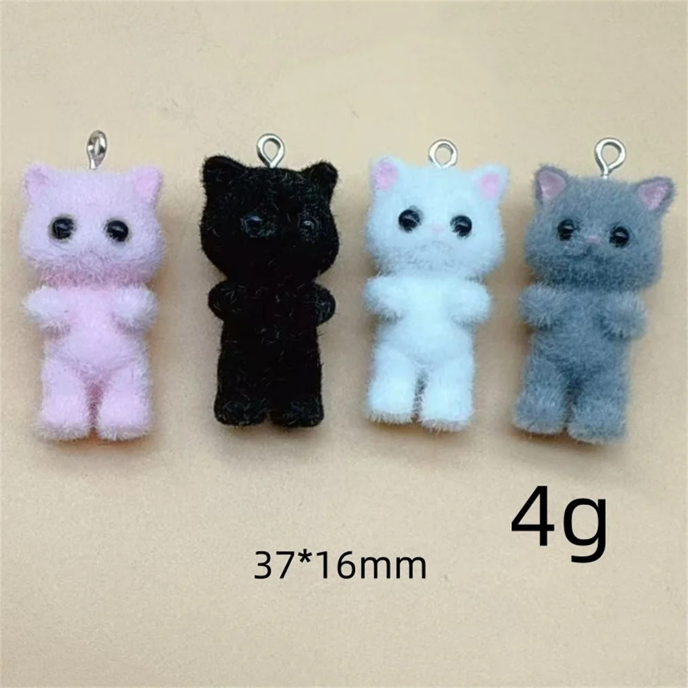 4pcs Kawaii 3D Fluffy Flocking Resin Cat Animal Charms Pendant Colorful Keychain Necklace Pendant DIY Crafts Jewelry Making