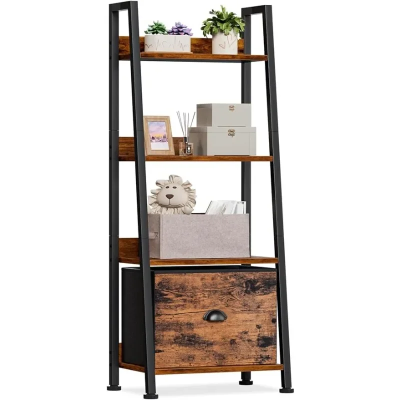 

Ladder Bookshelves with Removable Drawers Rustic Storage Shelves Organizer Wood Metal Freestanding for Living Room Home 4-Tier