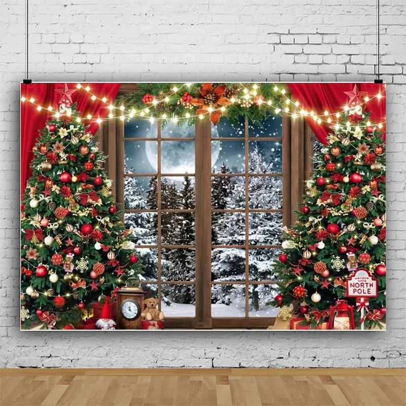 Photography Background 150*100CM Christmas Theme Photography Background Winter Fantasy Wonderland Snow Tree Red Curtain