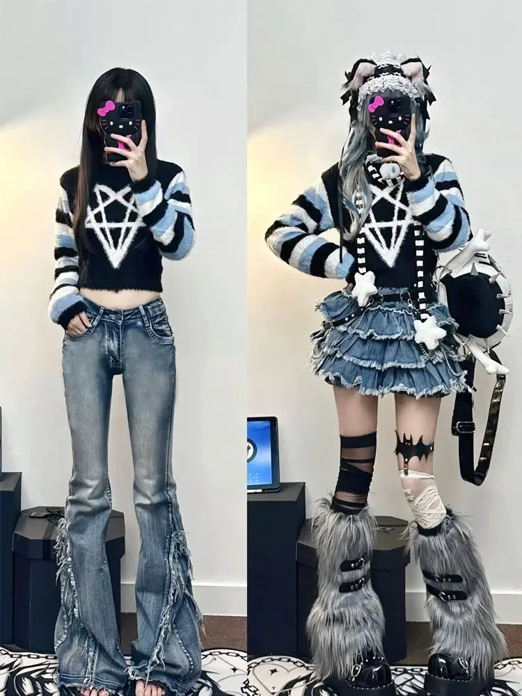 American Retro Breasted Design Slightly Flared Jeans Women Autumn Niche Low Waist Slim Fit Wide-Leg Floor Trousers