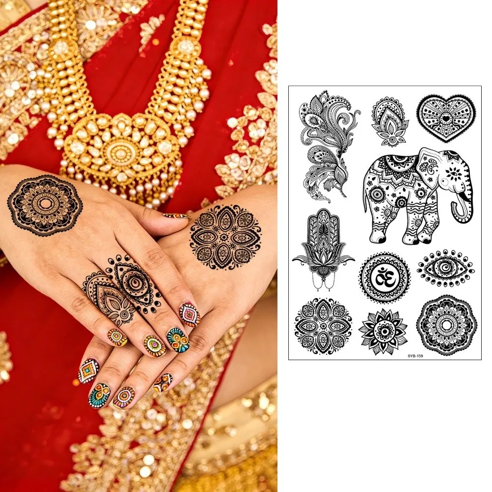 Water Transfer Decals Mandala Henna Tattoo Stickers India Mehndi Flower Instant Henna Temporary Tattoo Waterproof Fake view 3