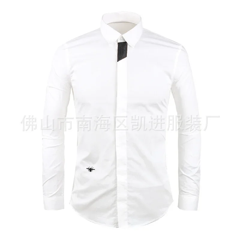 

Classic embroidered white oversized shirt with a small square neck, slim fit and non ironing splicing for men's clothing