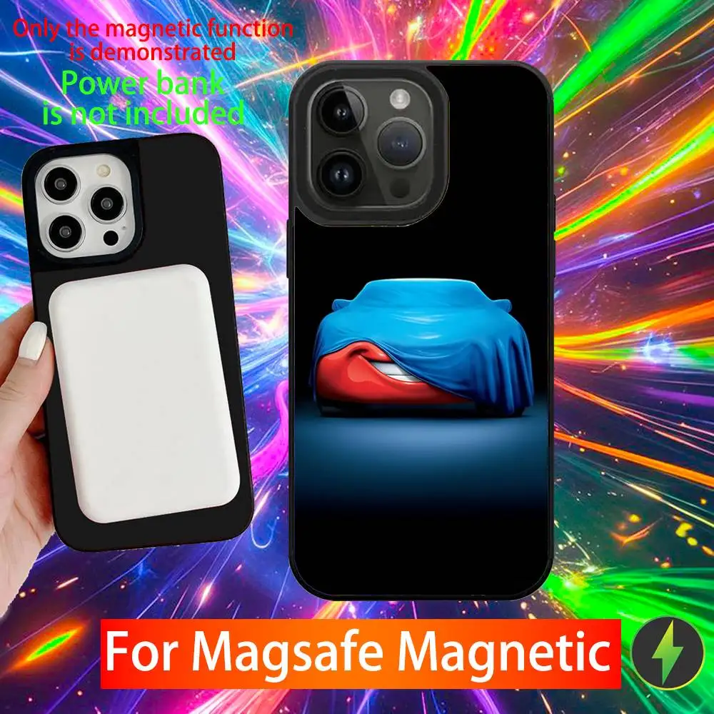 حافظة هاتف لطيفة على شكل سيارة كرتونية حمراء 95 لهواتف iPhone 16,15,14,13,12,11,Pro,Max,Plus,Mini,SE شحن لاسلكي مغناطيسي جديد Magsafe