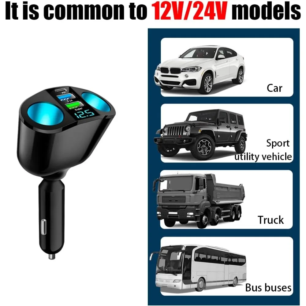 Répartiteur allume-cigare de voiture, adaptateur allume-cigare à 2 prises avec voltmètre LED, double USB QC3.0 type-c 20W PD voiture rapide