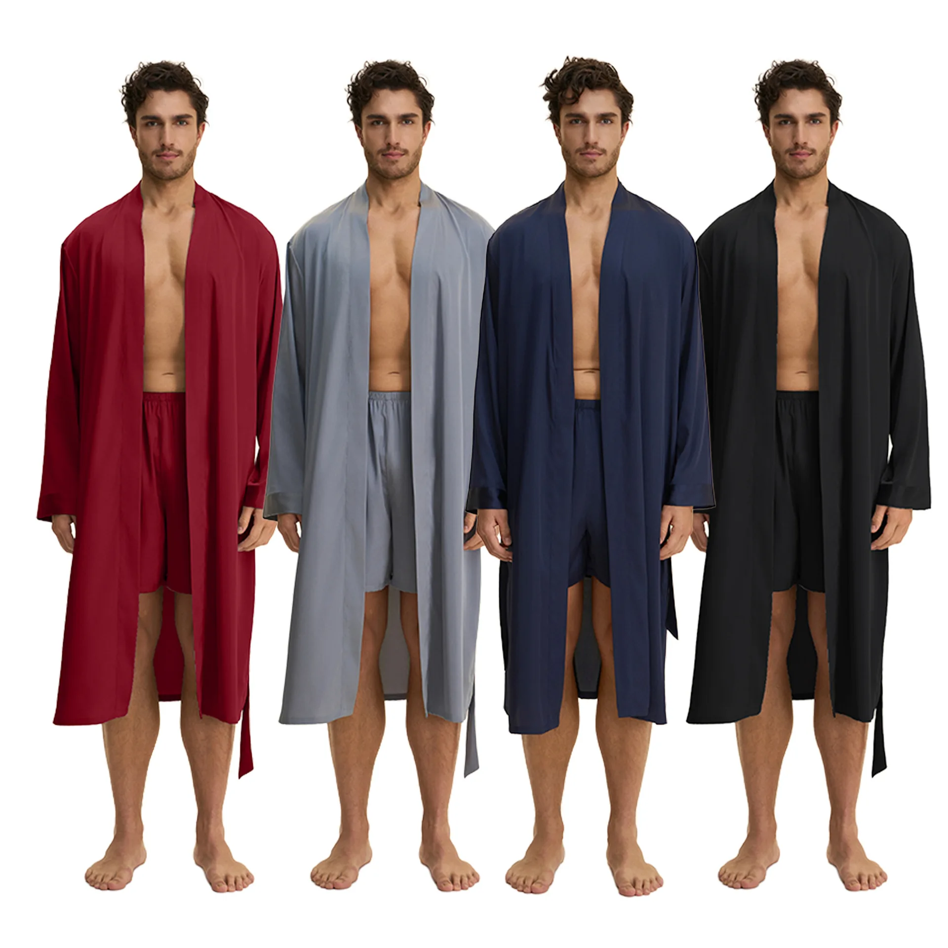 New Men Long Robe Pajamas Two-Piece Set Silk Satin Sleepwear Homewear Casual Kimono Bathrobe Gown Shorts Loungewear Pijamas Suit