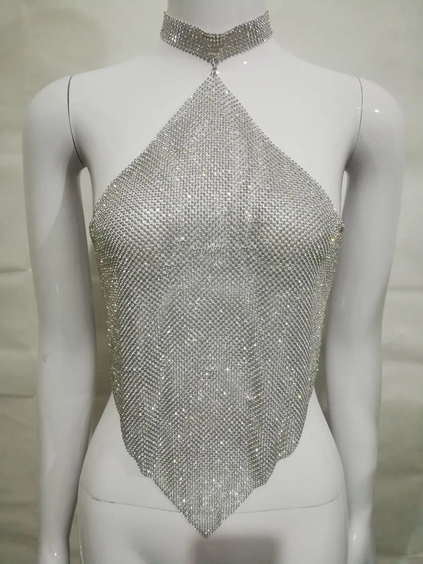 

New Summer Women's Metal Rhinestone Vest Sexy Spicy Girl Nightclub Belly Bag With Collar