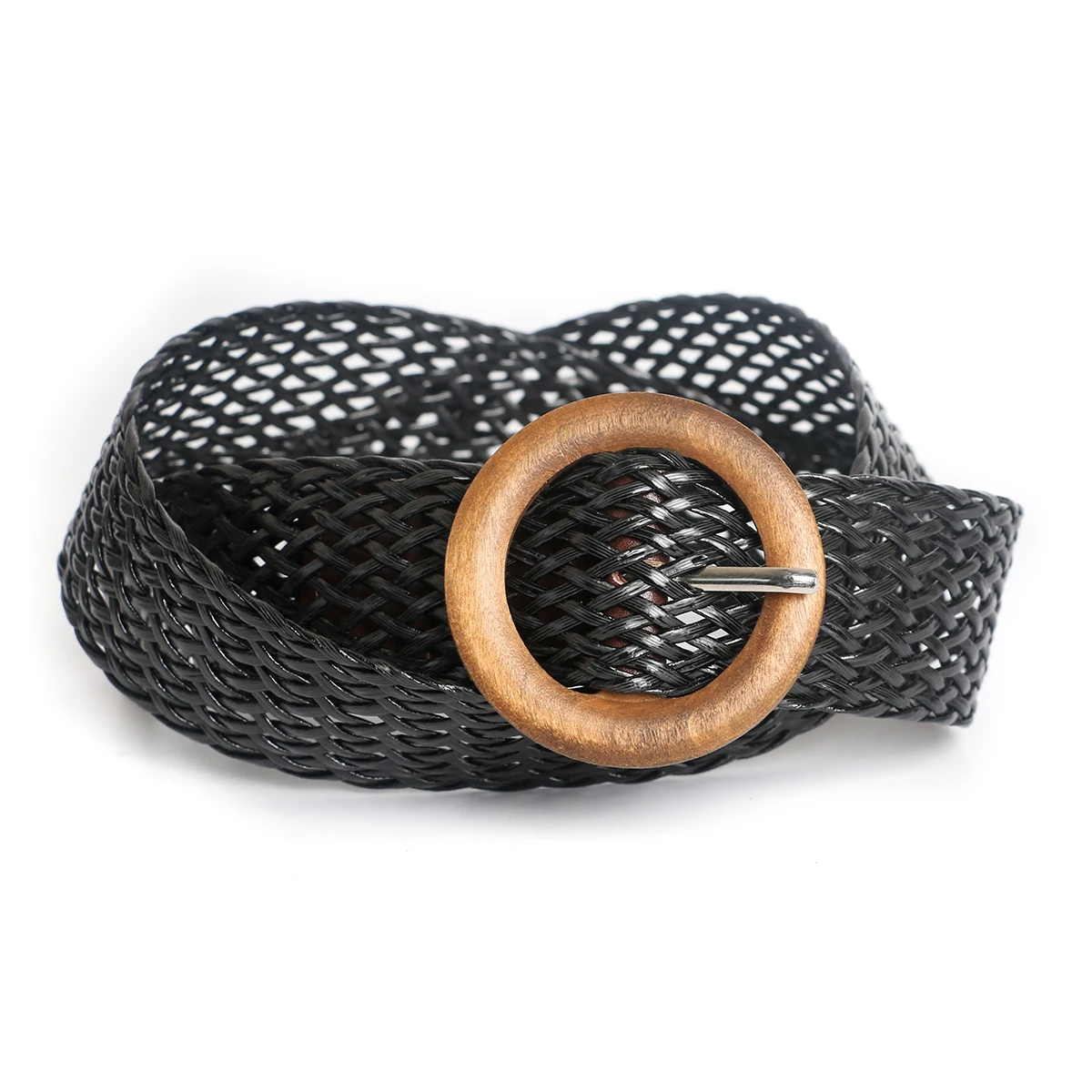 Bohemian Female Waist Belt Vintage Boho Round Wooden Smooth Buckle Fake Straw Wide Belts Waist Strap For Women Dress Khaki