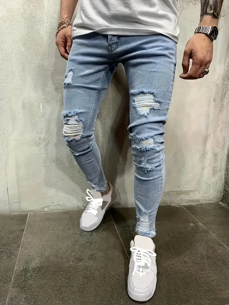 

Men'S Fashionable Ripped Jeans, Cotton Blend, Streetwear Style, Stretch Fabric, Regular Length, Suitable For All Seasons, Fashio