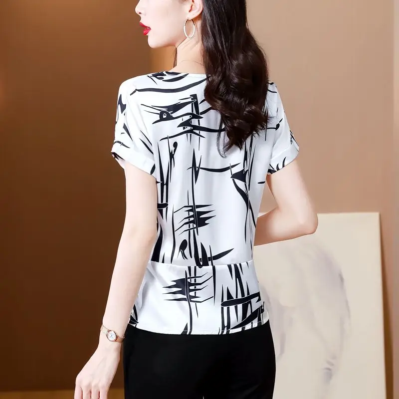 2024 New Summer Korean Fashion Elegant Versatile Chiffon Pullover Round Neck Printed Tied Bow Women\'s Short Sleeved Shirt Top