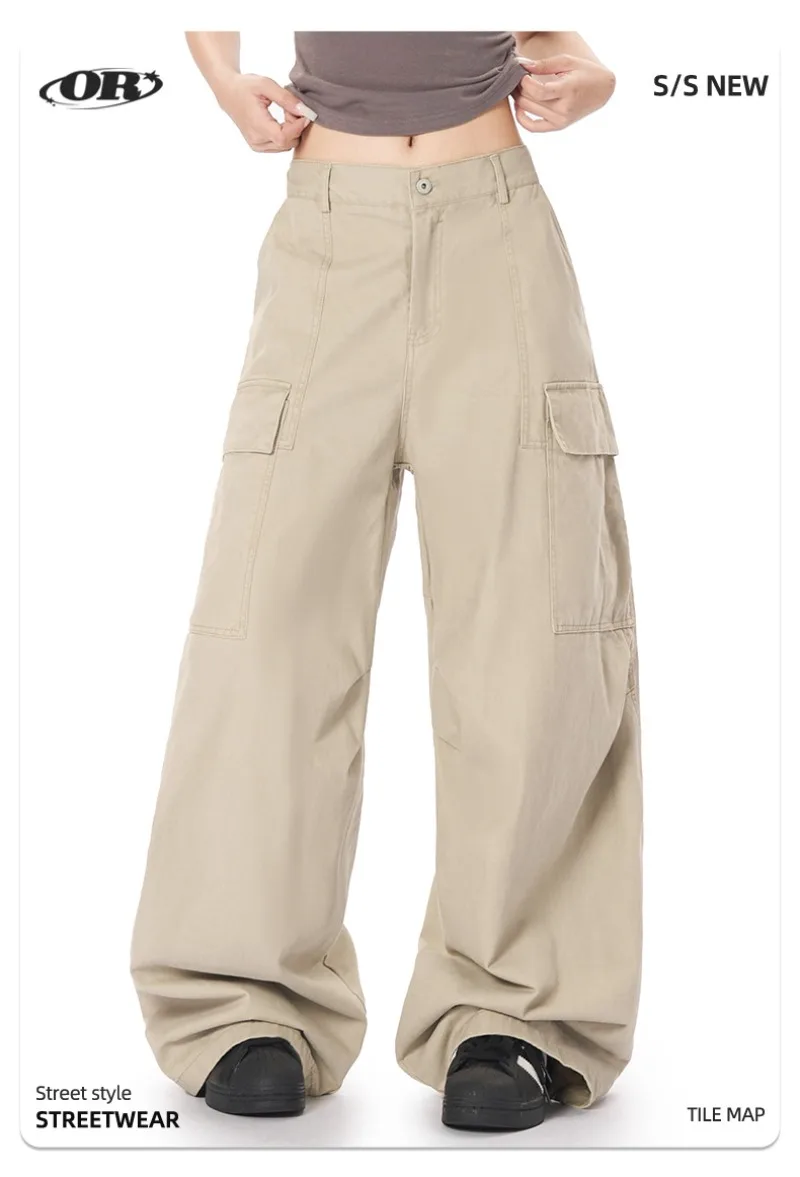 

OR FL Cool 100 Cotton Women Cargo Trousers American Retro Y2k Women's Solid Color Tide Slacks Staraight Baggy Wide Leg Pants