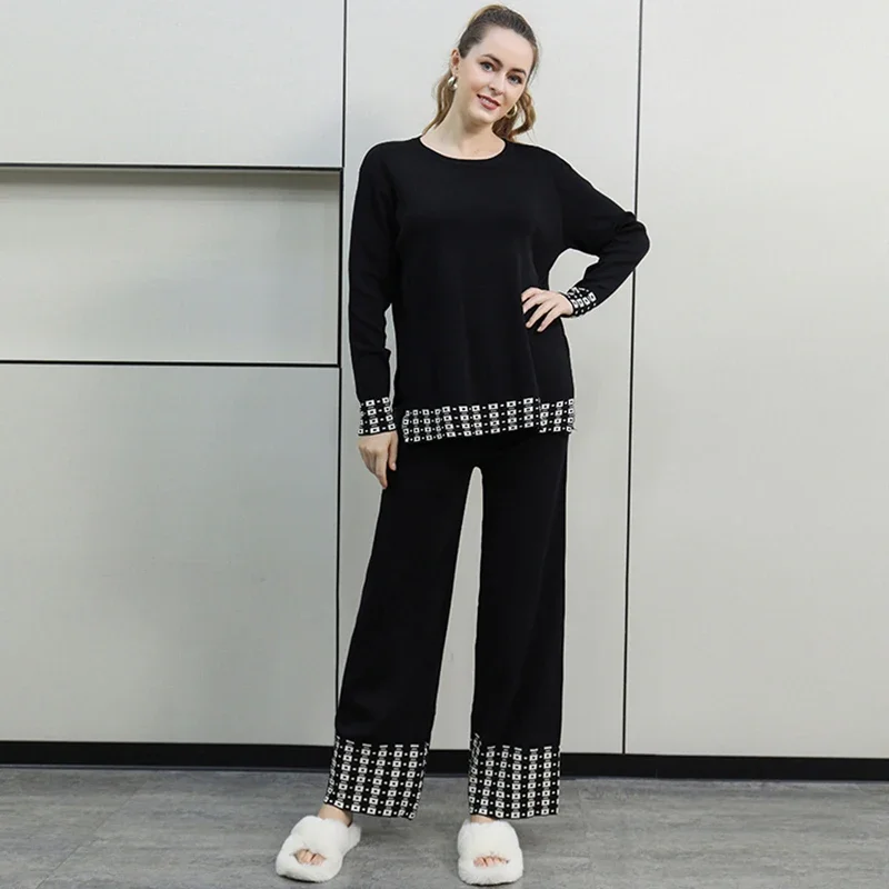 EVNISI Women O-neck Long Sleeve Pullover Top and Wide Leg Pants 2 Piece Sets Knit Patchwork Casual Set Pajamas Women Outfits