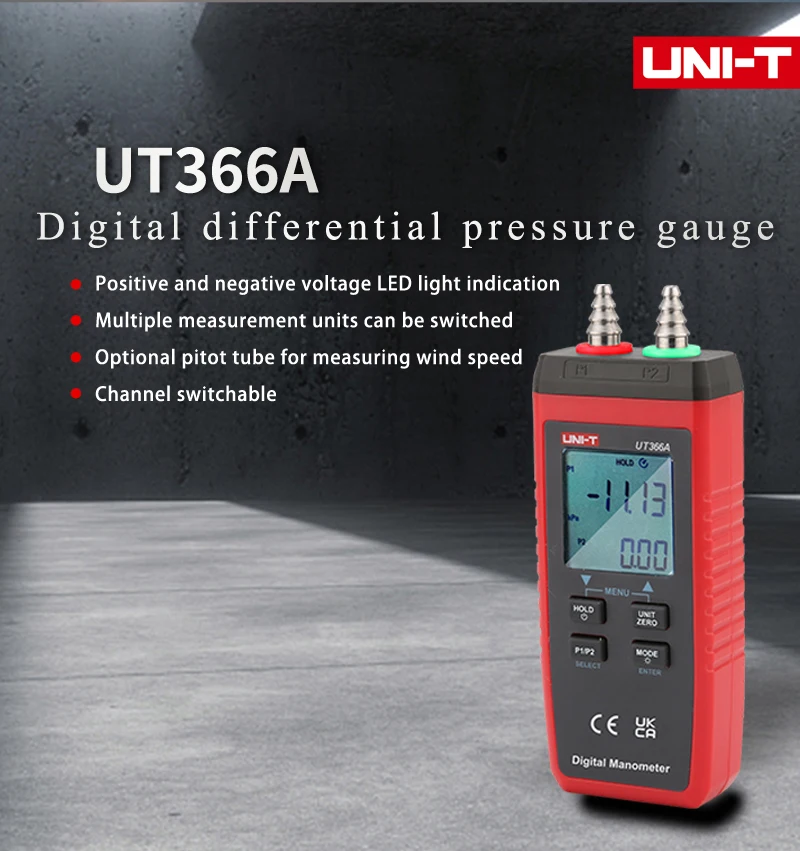 UNI-T UT366A مقياس الضغط الرقمي قياس فرق الضغط السطحي سرعة الرياح ضغط الهواء مقياس الضغط التفاضلي متر
