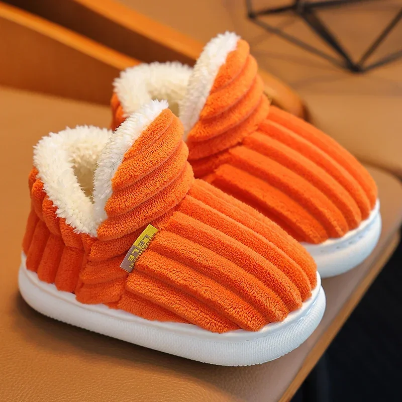 Children\'s Winter Shoes Concise Stripe Fluffy Slippers for Kids Boys Girls Heel Wrap Warm High Non-slip Home Cotton Shoes