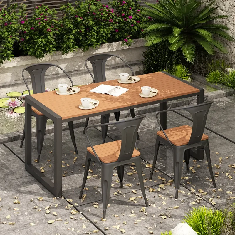 Outdoor Plastic Wood Table and Chair Set Waterproof Sunproof Long Dining Table for Garden Balcony Courtyard Park Leisure