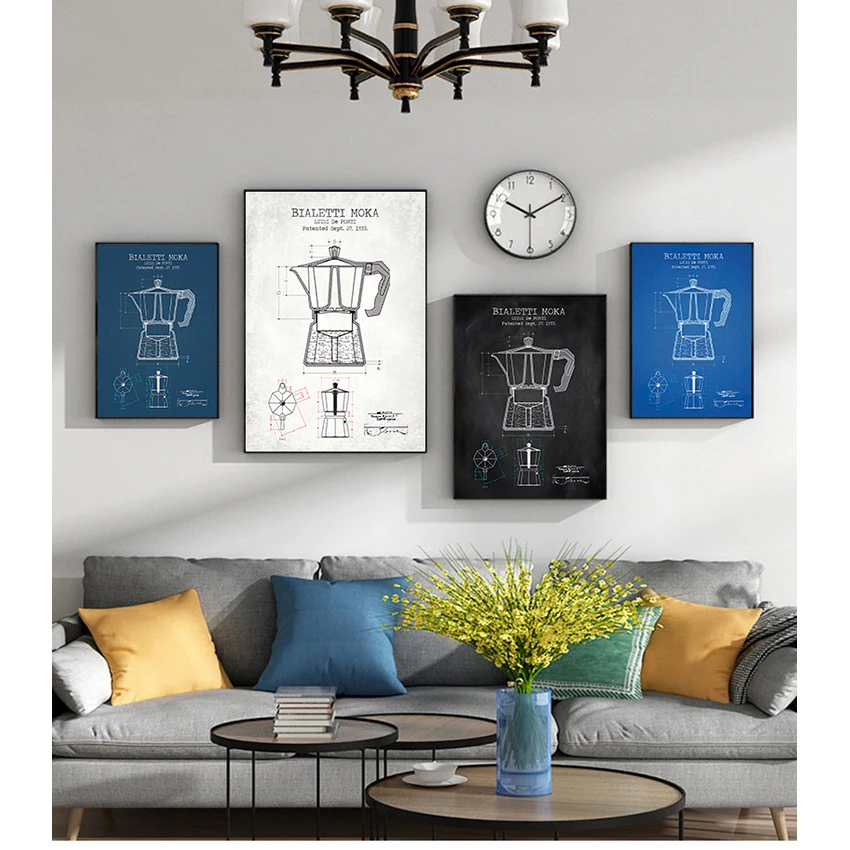 ملصقات ومطبوعات لبراءة اختراع إبريق القهوة ، لوحة قماشية للصور ، ديكور فني لجدران المطبخ ، ملصق بياليتي موكا ، مخطط