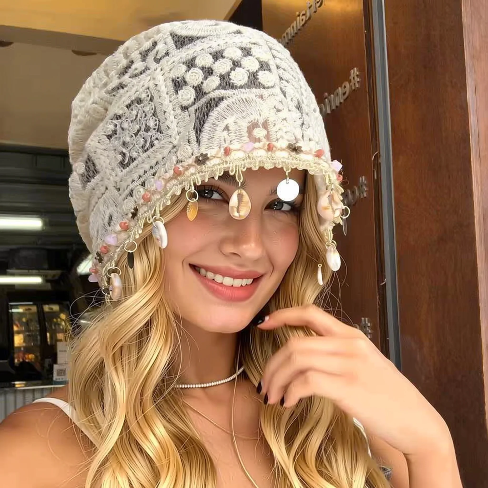Shell Fringe Hollow-out Layered Hat, Face Slimming Head Covering Cap, Autumn Winter Cold Weather Hat for Daily Outdoor Wear