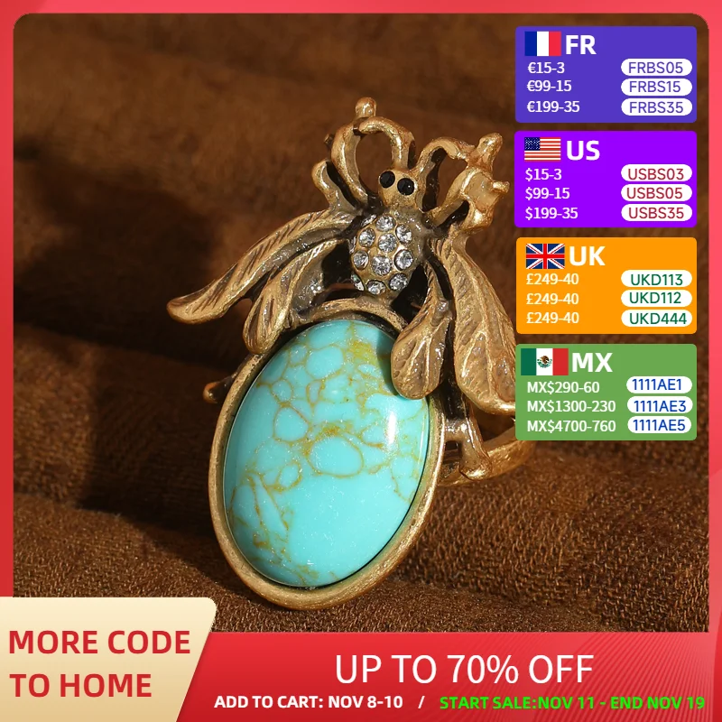 

Vintage Turquoise Rings Bee Antique Gold Color Moth Luxury High Quality Blue Natural Stone Jewelry Trends 2025 For Woman New
