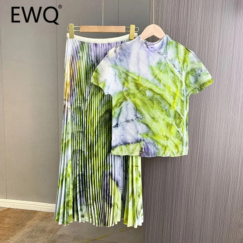 

Женский плиссированный Костюм-двойка EWQ, комплект из двух предметов с принтом, топ с коротким рукавом и воротником-стойкой контрастных цветов, юбка-трапеция, Новинка лета 2024, 27X367
