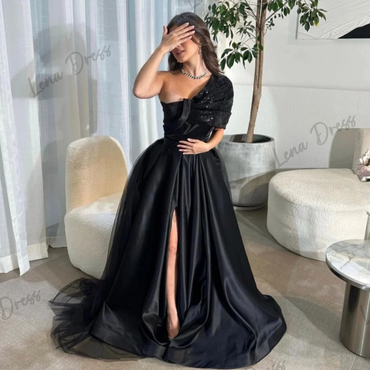 

Lena A Line Long Skirt Evening Dresses for Formal Occasions Black One Shoulder Elegant Party Dresses 2024 Satin Shiny Prom Dress