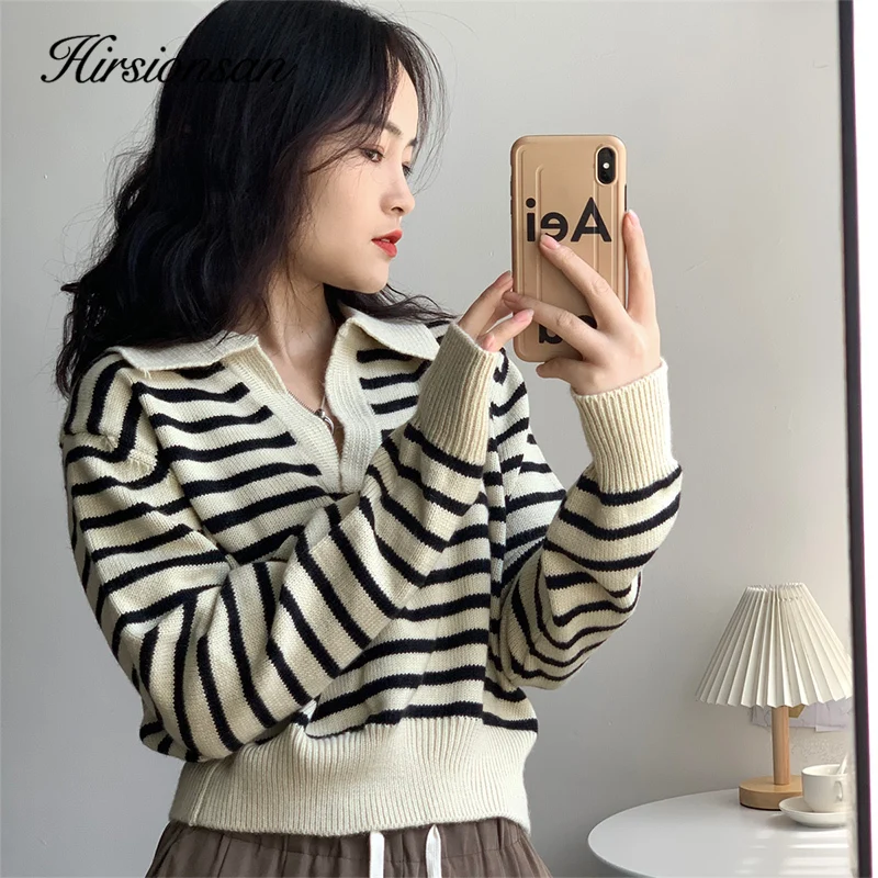 

Hirsionsan Striped Sweater Women 2023 New Korean Warm Knitted Female Tops Loose Turn Down Neck Ladies Cashmere Short Jumpers