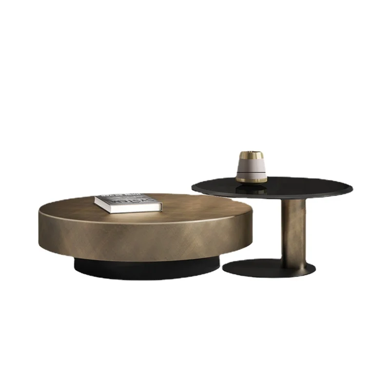 YY Small Apartment round Stainless Steel Coffee Table Tempered Glass Stone Plate Side Table