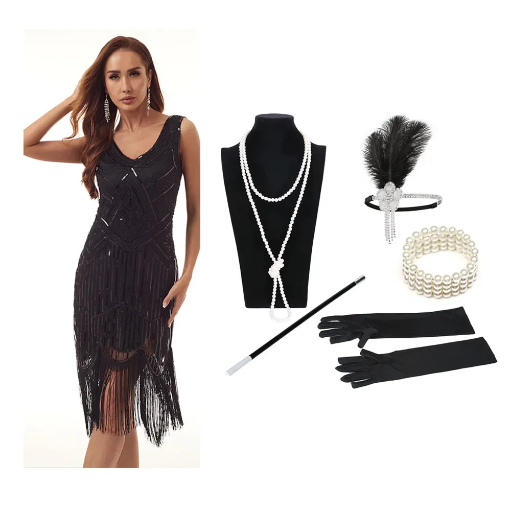 1920s Flapper Dress 5 Piece Accessories Set Vintage Sequin Tassel Great Gatsby Charleston Party Dance Dress Headband Necklace