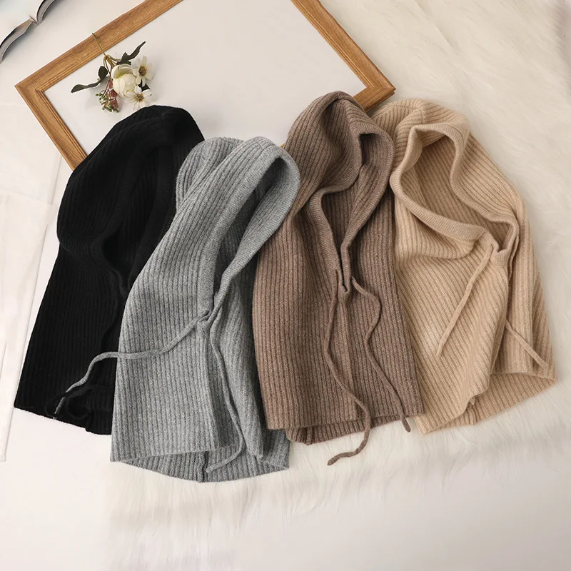 100%Wool Hooded Drawstring Balaclava Hat Women Winter Autumn Soft Warm Neck Scarf Fashion False Collar Wollen Beanies Cap Men