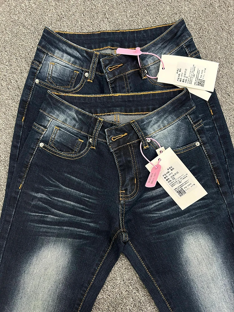 Retro azul cintura baixa queimado jeans feminino primavera 2025 fino ajuste bootcut calças compridas perna reta jeans cor profunda