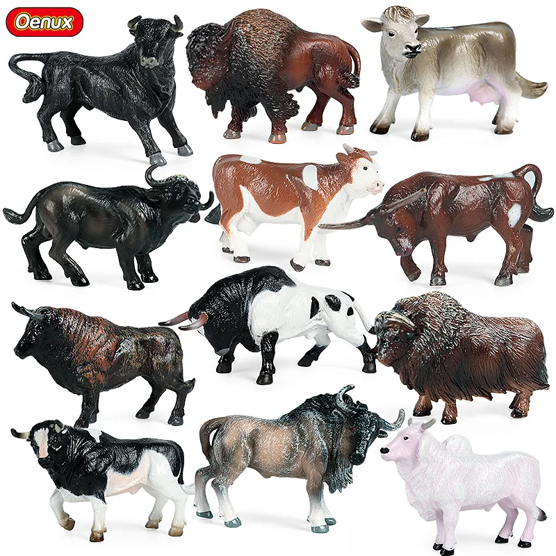 Oenux Farm Animals Milk Cow Simulation Poultry Cattle Calf Bull OX Action Figures Pvc Lovely Model Miniature Toy Kids Gift