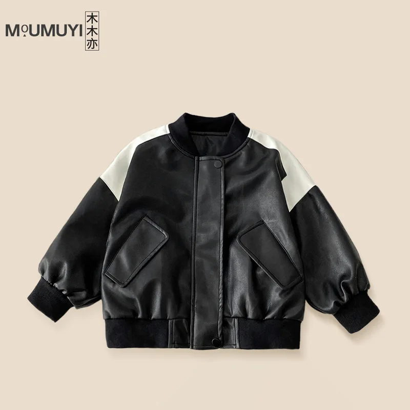 

Children's Leather Jacket 2025 Spring and Autumn New Boys' Handsome Color Matching Jacket Baby Korean Top PU Leather Jacket