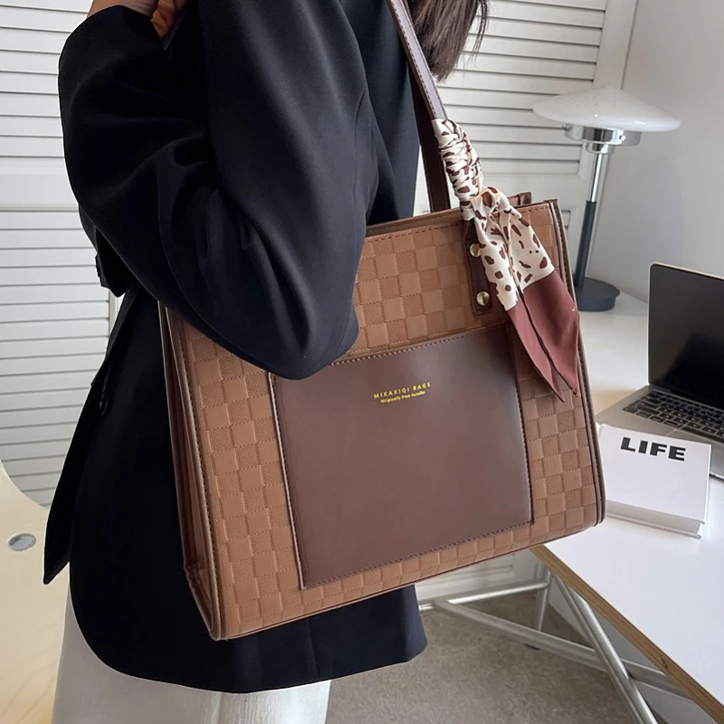 Big Bags Women Totes Fashion Plaid Pattern Ribbons Shoulder Bag Leather Satchels Working Commute Shopping Large Capacity Handbag