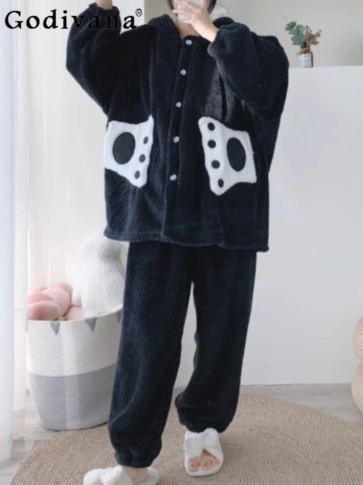 

Plus Size Womens Winter New Flannel Long Sleeve Hooded Pajamas Cardigan Comfortable Thickened Warm Elastic Waist Trousers Sets