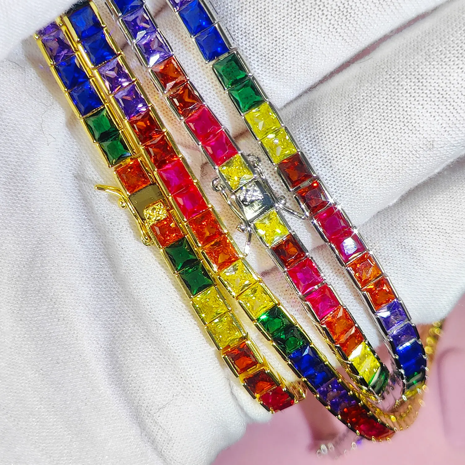 

Women's Rainbow Color CZ Stones Tennis Chain Choker Gold Layered Fashion Statement Very Famous Popular 4mm Iced out Icy Chain