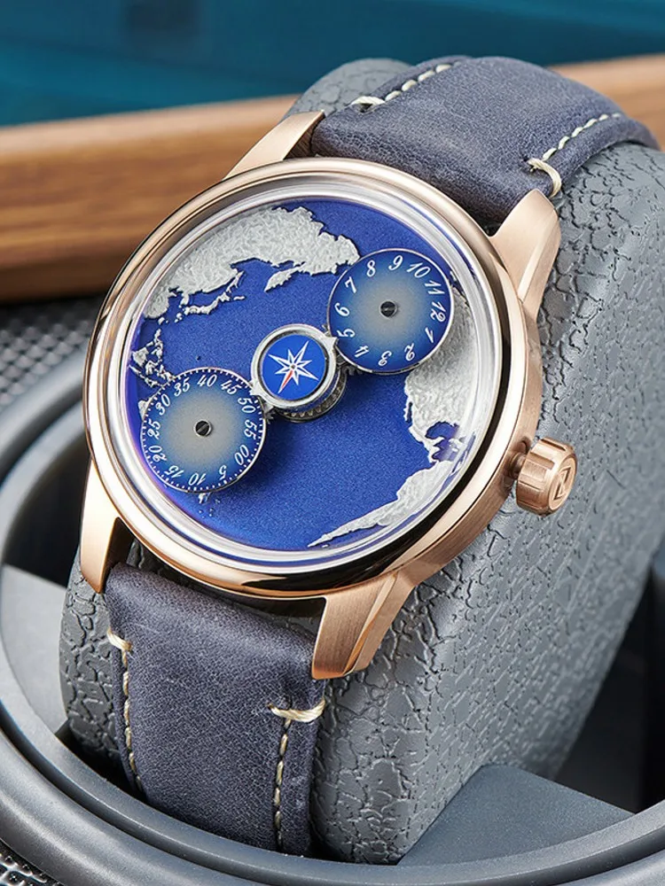 Casual Men Work Blue Planet Fully Automatic Mechanical Wristwatches Fashion Luxury Business Designer Male Strap Waterproof Watch