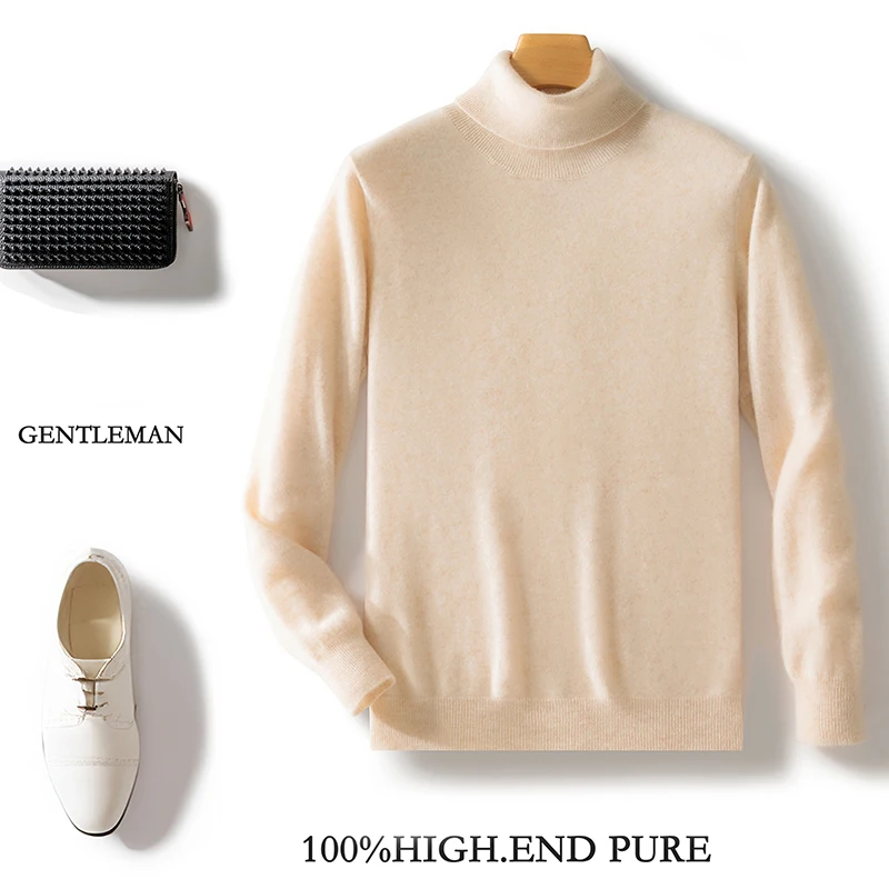 Autumn winter new 100% pure  merino wool pullover men's turtleneck Wool sweater thickened warm loose solid color top M3073004