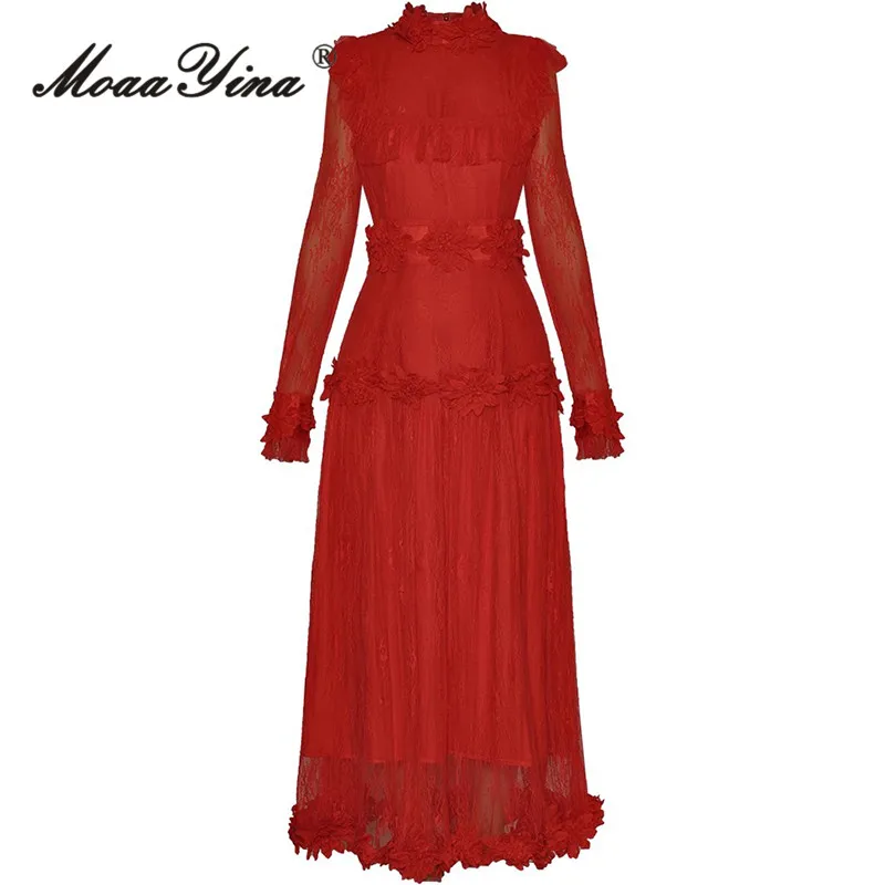 

MoaaYina Autumn Women’s Dress Stand Collar Long-Sleeved Lace Appliques High Waiste luxury vintage Big Swing Dresses