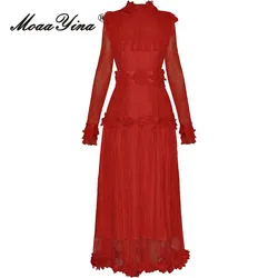 MoaaYina Autumn Women’s Dress Stand Collar Long-Sleeved Lace Appliques High Waiste luxury vintage Big Swing Dresses