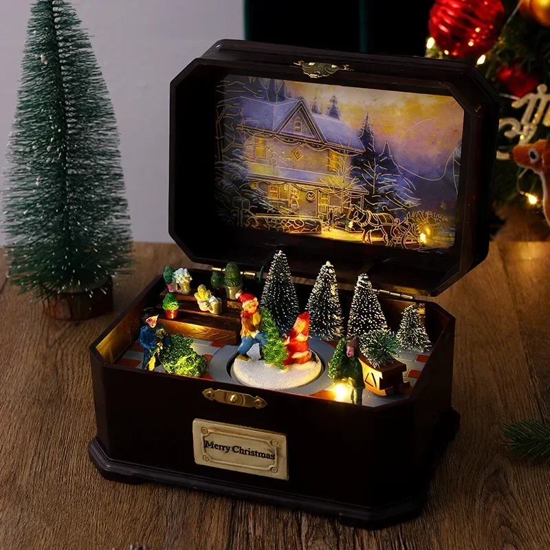 Snowing Crystal Ball Night Light with Vintage Christmas Wind Lamp, Rotating Carousel Music Box, Eight-tone Box, Customization